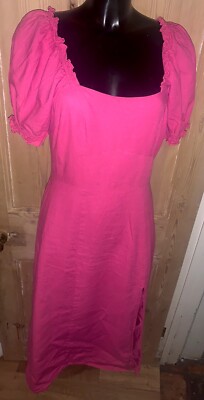 Hot pink puff sleeve linen front split midi fit flare dress La Redoute 10 |  eBay
