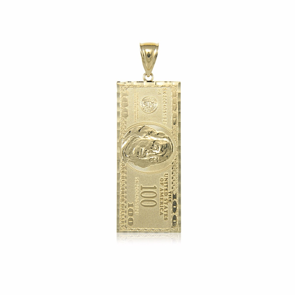 10K Solid Yellow Gold One Hundred Dollar Pendant -$100 Bill Money