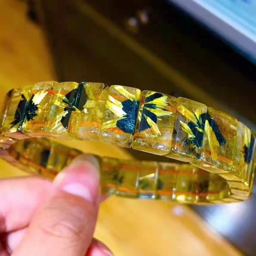 NaturalGold RutilatedQuartzGemstone Crystal Rectangle Bead Bangle Bracelet AAAAA - Image 4 of 4