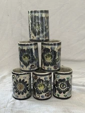 Mexican Tonala Signed Art Pottery Stoneware Coffee Mugs Floral Set of 6