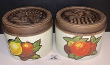 2 Tin Metal Faux Wood Lid Canisters Fruit Pattern Retro Vintage