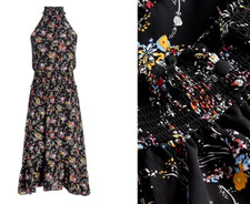 EXPRESS Black Floral High Neck Smock Waist/Neck Midi Dress Ruffle Hem Size M NWT