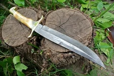 CUSTOM HANDMADE DAMASCUS STEEL TACTICAL HUNTING BOWIE KNIFE ANTLER GRIP  COVER