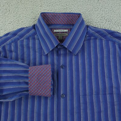 Johnston Murphy Shirt Mens Large Blue Tailored Fit Business Casual Flip Cuff
