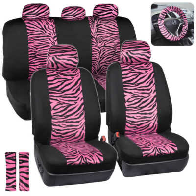 Hot Pink/Black Zebra Animal Print Full Seat Cover Set Fits Car Truck Van- 12 PC