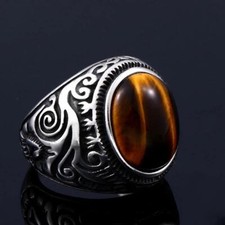 Vintage Oval Tiger Eye Brown Gemstone Ring Men Women Fashion Punk Stainless Stee