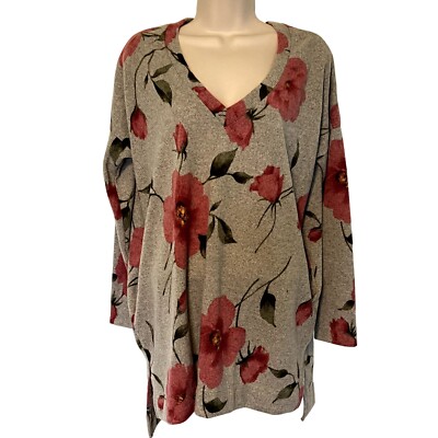 Cherish Super Soft Long Line V Neck Oversized Tunic FLoral Motif Lightweight Swe