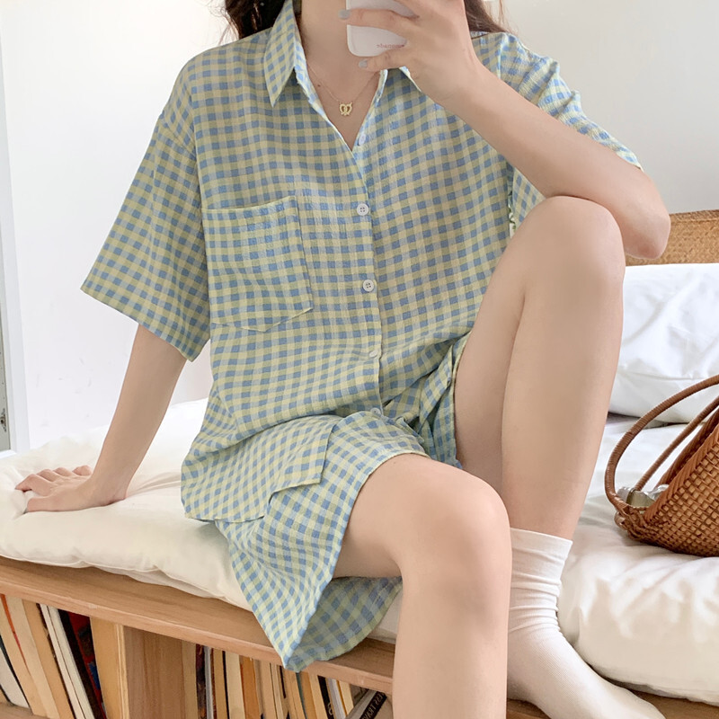 Pajamas Women Bubble Crepe Short Sleeve Shorts Sweet and Cute Home Clothes Set
