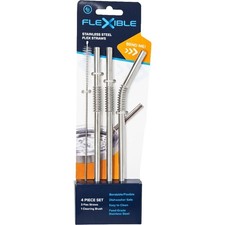 Flexible Stainless Steel Straws Set of 3 with Cleaning Brush Silver Metal