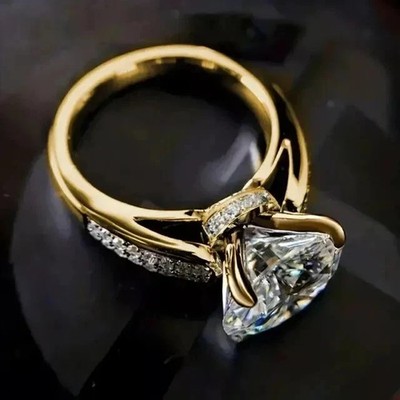 3.00 Ct Round Cut Moissanite Solitaire Wedding Ring Yellow Gold Plated Silver