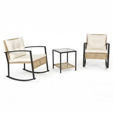 3PCS Outdoor Rocking Chair Set w/2 Chairs 2-Tier Glass-Top Coffee Table Cushions