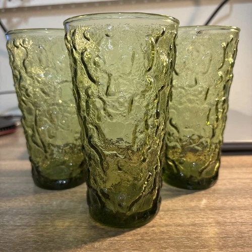 3 Vintage Anchor Hocking Avocado Green Lido Milano Crinkle 12 oz Glass Tumblers