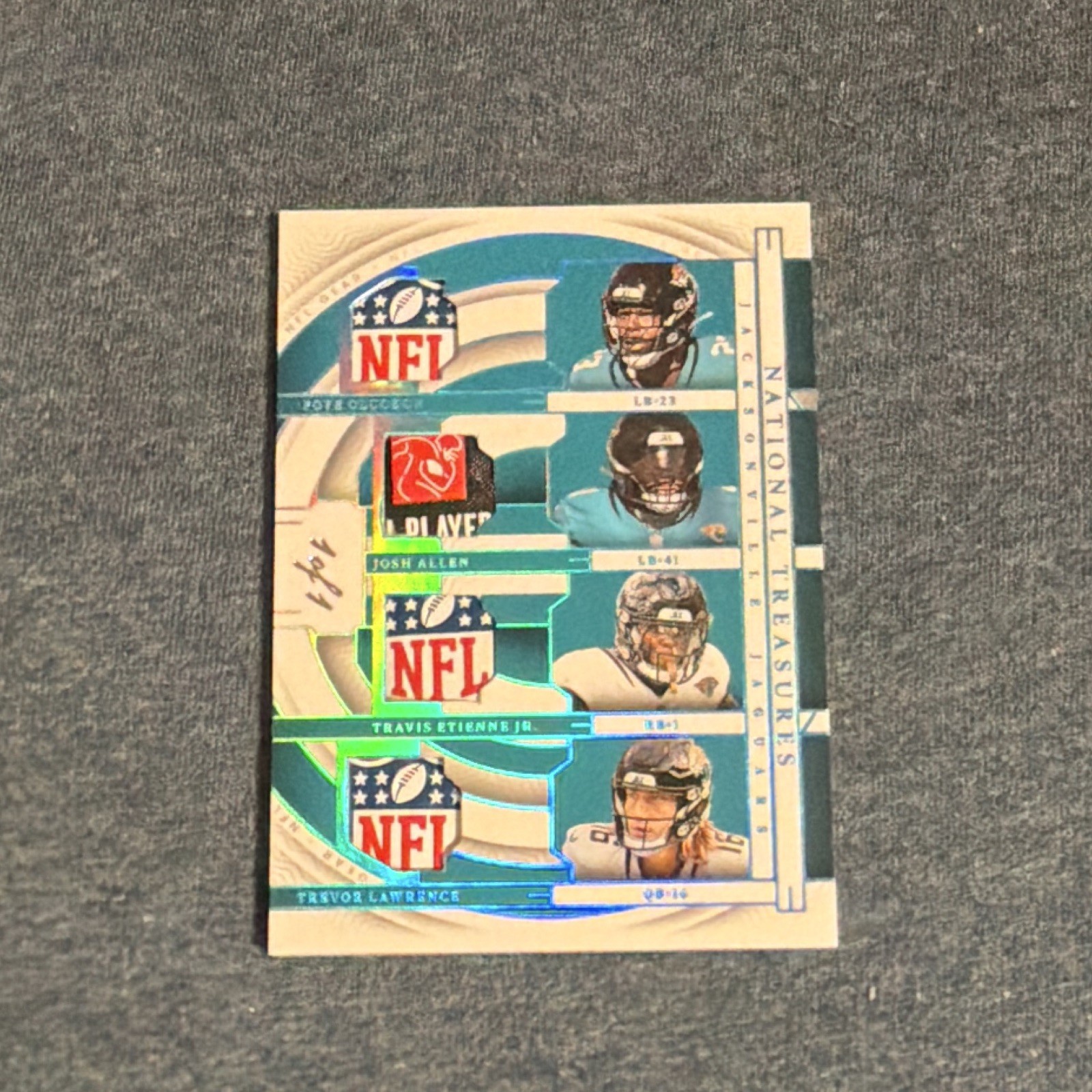 2023 Panini National Treasures Quad NFL Shield Lawrence/Etienne/Allen/Olad 1/1 view 1