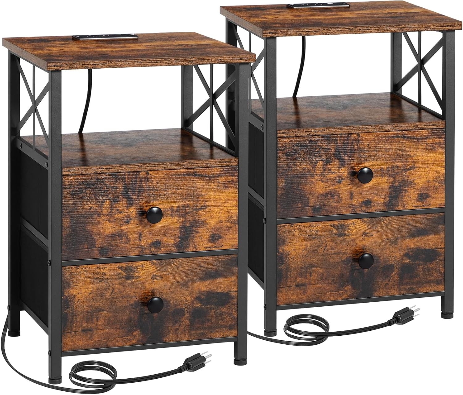AMHANCIBLE 2-Piece Rustic Brown Nightstand Set with USB Charging Station