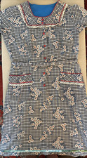 Vintage 1960 s Blue Plaid w/Daisies Belted House Dress White Red Trim Accents