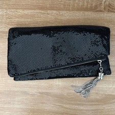 Black mesh chain beaded retro fold over evening clutch tassel party purse bag