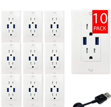 5.0A High Speed USB Charger Outlet - 15A TR Electrical Receptacle (UL) (10 Pack)