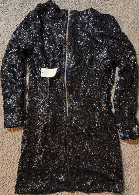 VENUS Black Sequin Sheath Dress Zip V-Neck Long Sleeve Polyester Spandex M