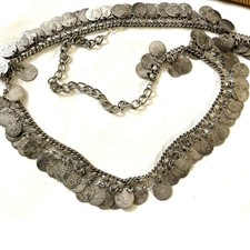 Vintage Coin Chain Belt Arabic Ottoman Style Coins Silvertone 38"  Belly Dancer
