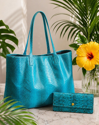 Beirn Turquoise Genuine Python Leather Tote Bag with Removable Matching Clutch