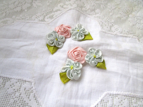 Antique Vintage Silk Ribbon Work Flowers Pink and Blue Beautiful !