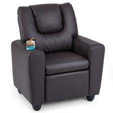 Costway Kids Recliner Chair PU Leather Armrest Sofa w/Footrest Cup Holder Brown