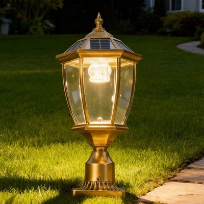 Solar Lamp 20'' Post Light Outdoor Gold Pillar Dusk To Dawn With Remote Control