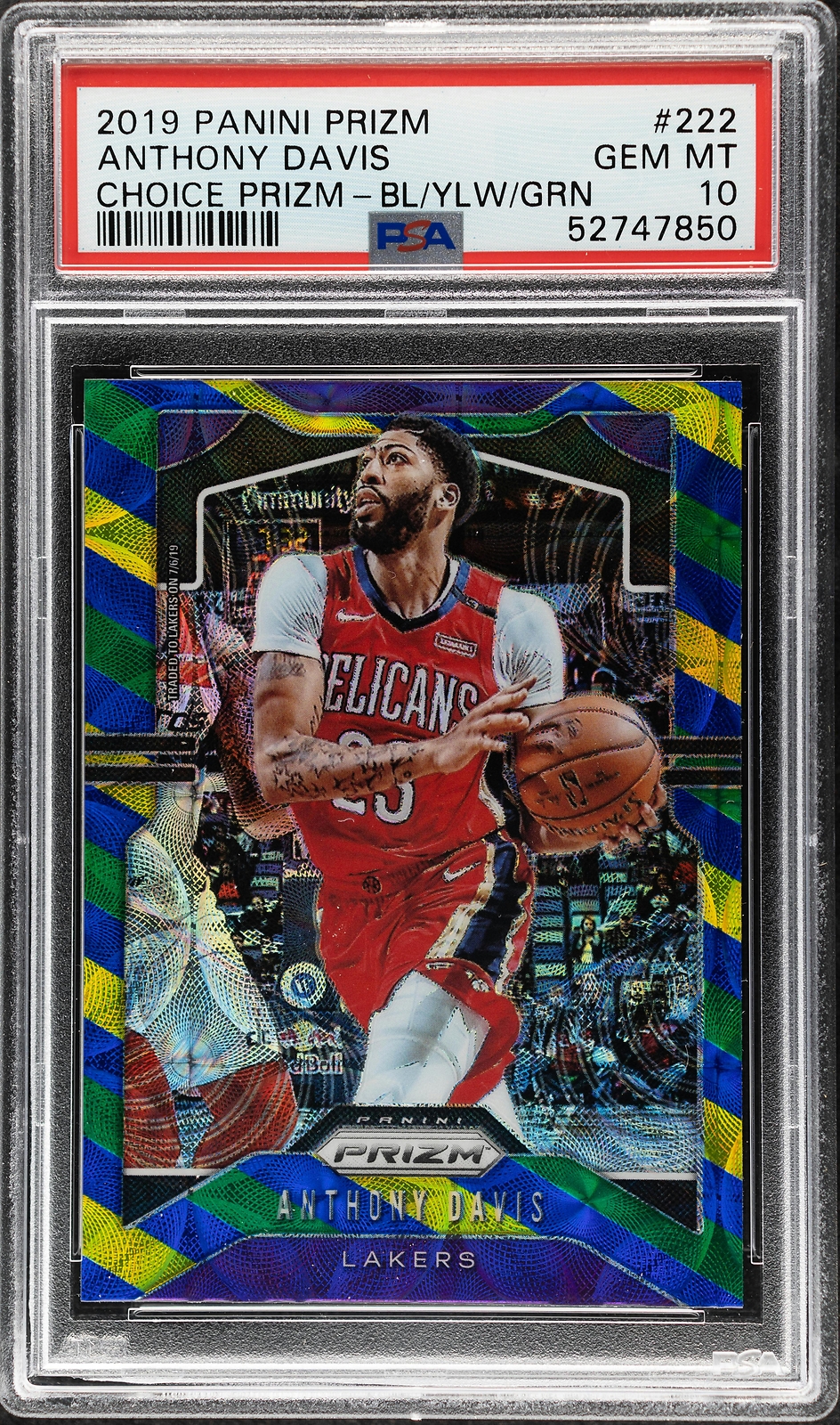 2019 Panini Prizm Anthony Davis Blue Yellow and Green Choice Prizm #222 PSA 10