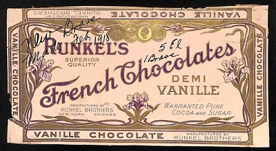 Runkel's French Chocolates Demi Vanille Original Vintage Label Scarce