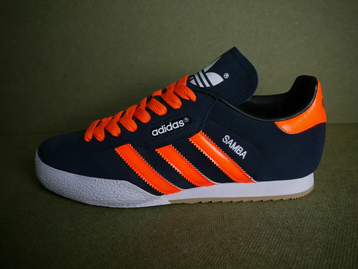 achterzijde waarde rechter Adidas Samba Super Blue Suede CUSTOM Fluorescent Orange Stripes & Laces (UK  11) | eBay