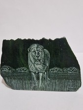 Verdite Stone Paperweight With Hand Engraved Lion Signed By Artist
