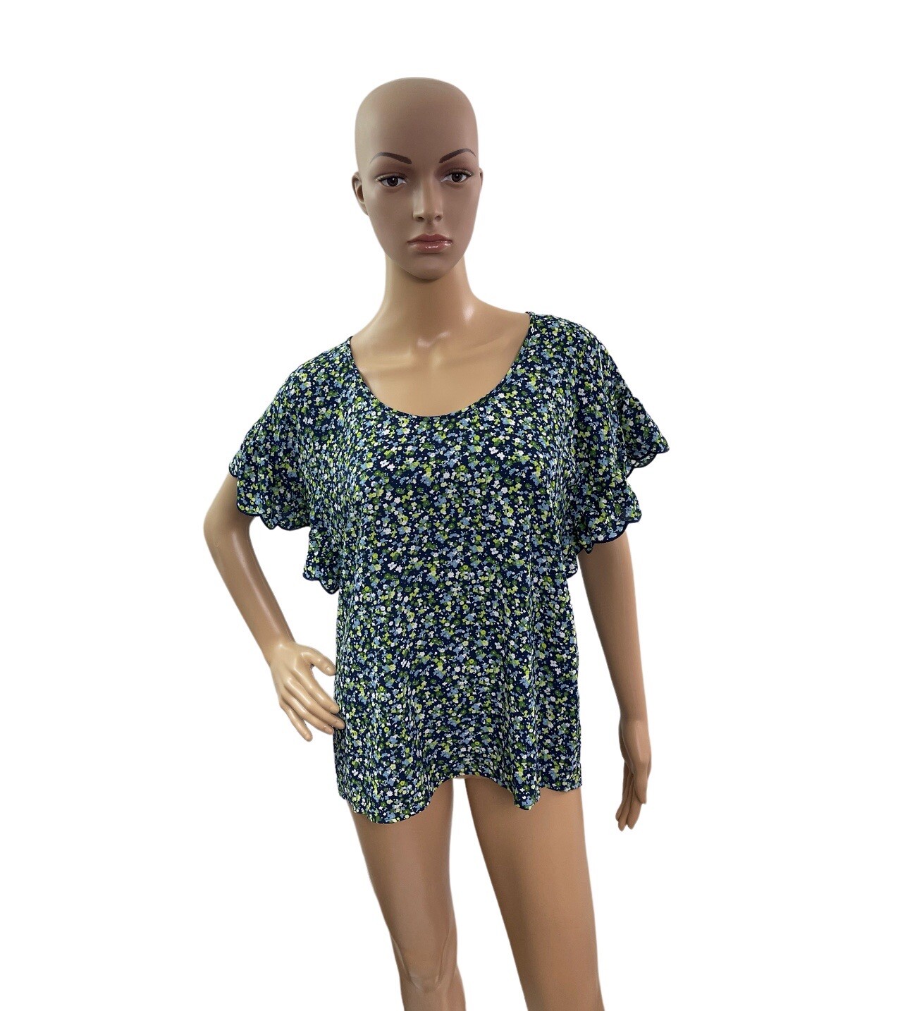 Michael Kors Women’s Size S Blue Green Floral Short Flutter Sleeve Blouse