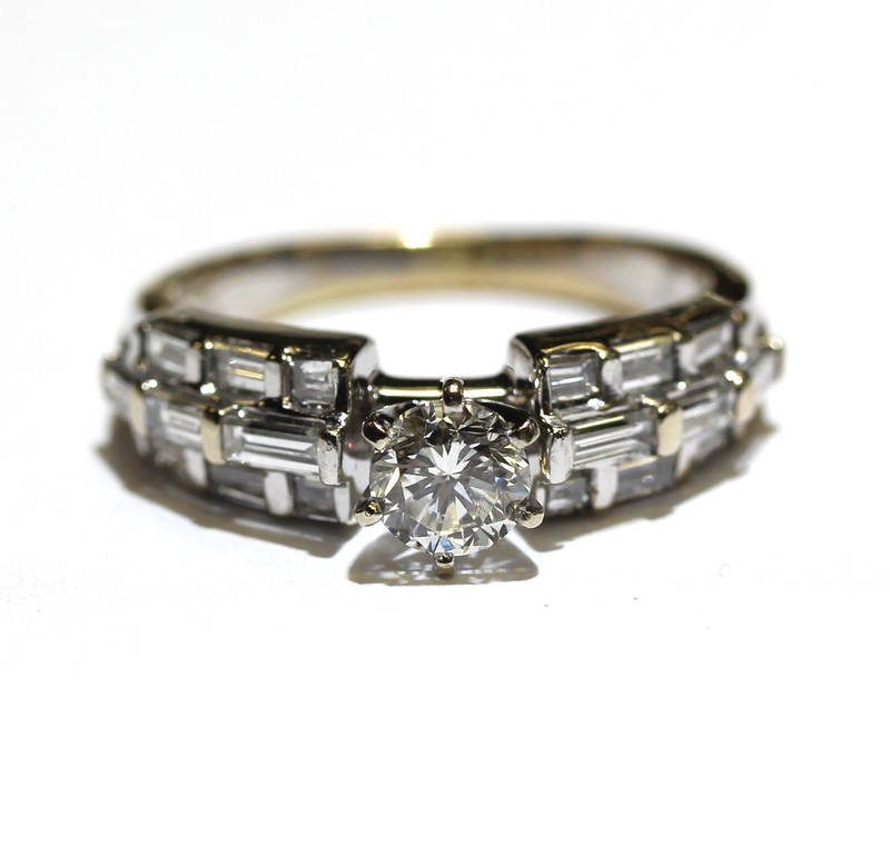 GIA certified 14k white gold .95ct round diamond engagement ring 4.2g baguette