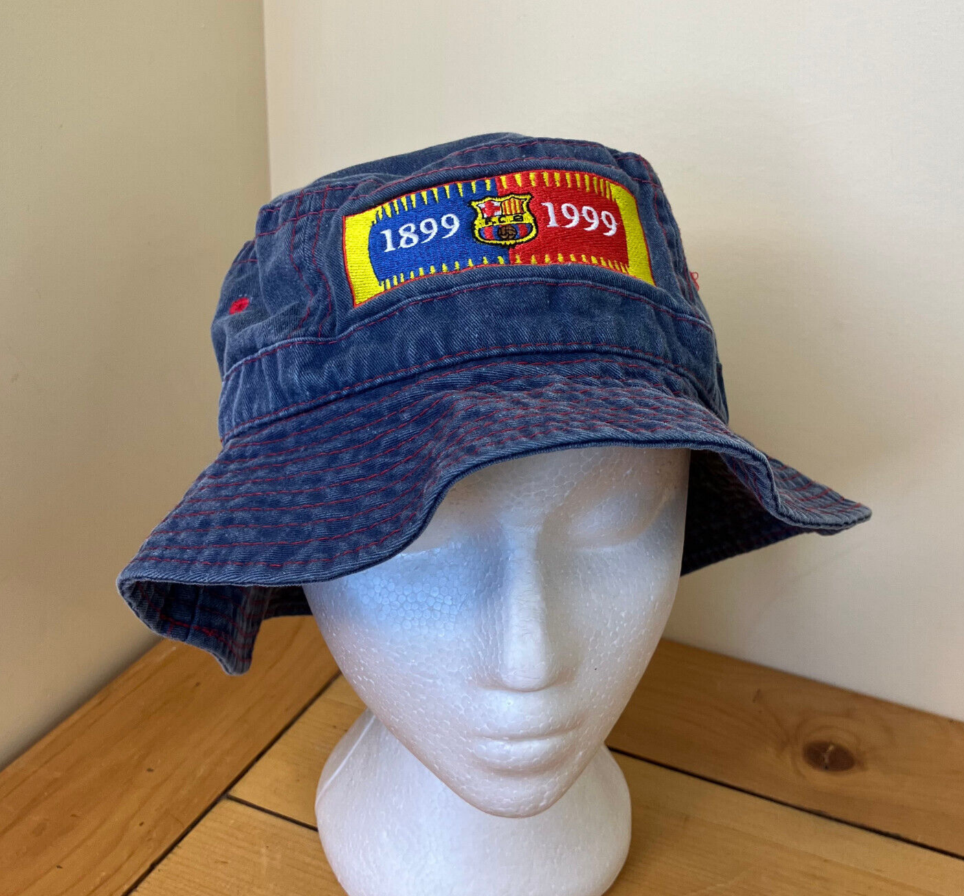 Barcelona Football Bucket Hat Vtg 1899-1999 Embroidered Logo Blue Canvas