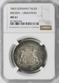 1863 Germania Tallero di Brema Emissione Liberazione NGC MS61 | Tallero d'argento