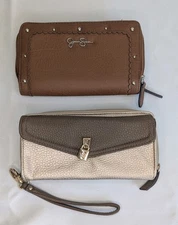 Lot of 2 Jessica Simpson Wallets EUC Brown Silver-tone Studs Beige Gold Leopard