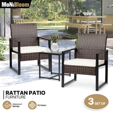 3 Piece Bistro Rattan Furniture Set Outdoor Garden Wicker Chairs w/Seat Cushion