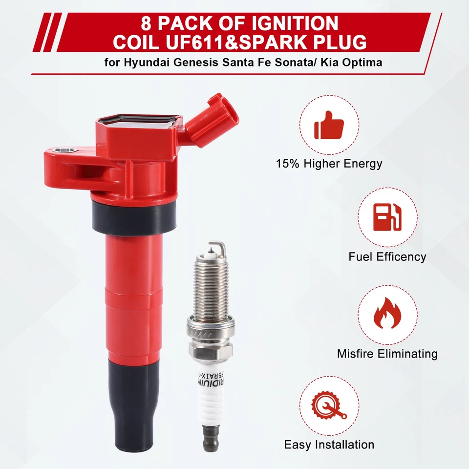 8* Ignition Coil+Iridium Spark Plug set For 2009-2012 Hyundai Genesis 4.6L UF611 - Image 2 of 4