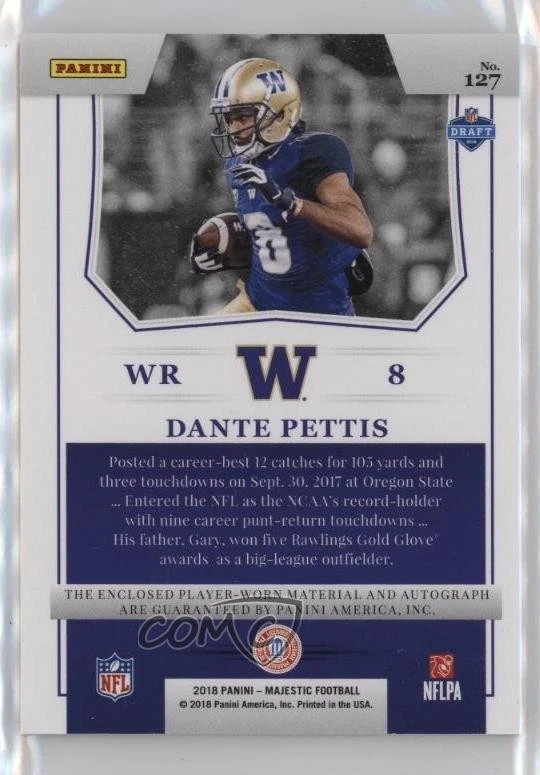 2018 Panini Majestic Scripted Swatches Gold /49 Dante Pettis #127 Rookie Auto RC - Image 2 of 2
