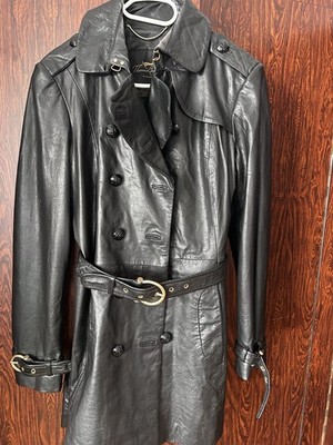 Burberry Thomas Burberry Leder Trenchcoat lang schwarz Gr. 38 mit Gürtel
