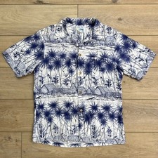 Vintage Andrade Hawaiian Shirt Blue White Palm Trees Village Cotton