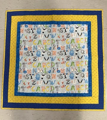 Baby Quilt Multi-Bordered Centered Around a Playful Animal Alphabet 35  X 35 