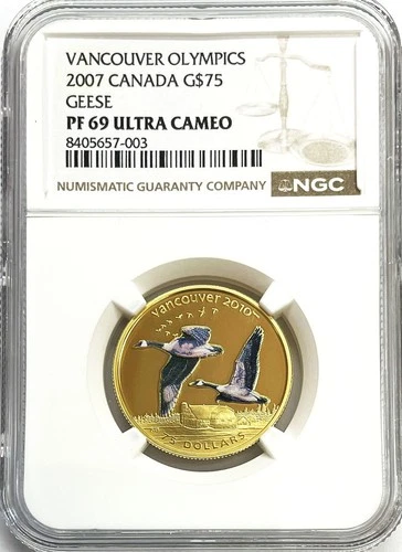 2007 GOLD CANADA PROOF $75 OLYMPIC COLORIZED GOOSE COIN NGC PROOF 69 UC