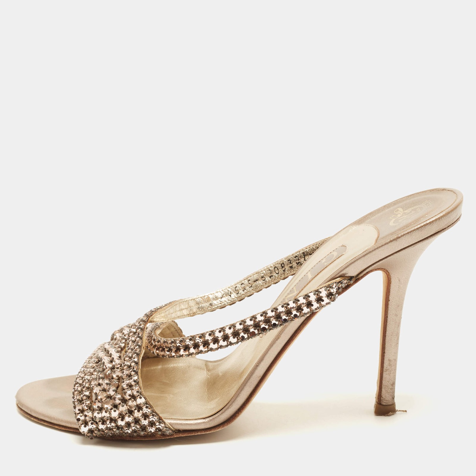 Gina Size 39 Gold Leather Crystal Embellished Slide Sandals