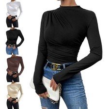 Women's Long Sleeve T- shirt, Mock Neck, Half Turtleneck, Stretch Tight Shirts