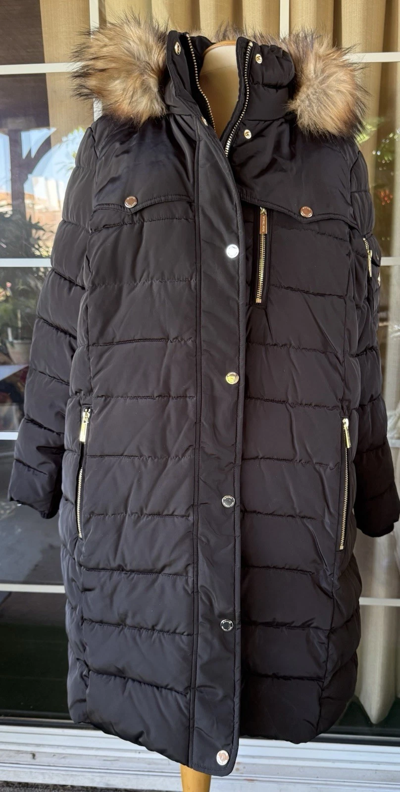 Giacca cappotto piumino nero bordo pelliccia sintetica Michael Kors XL NUOVO CON ETICHETTE $220