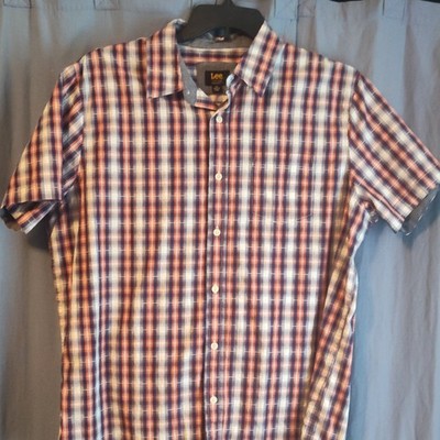 Lee Men's XL Regular Fit Plaid Short Sleeve Button-Up Shirt Blue Orange White