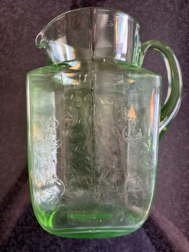 Uranium Glass Green Depression Water Pitcher  7.5”