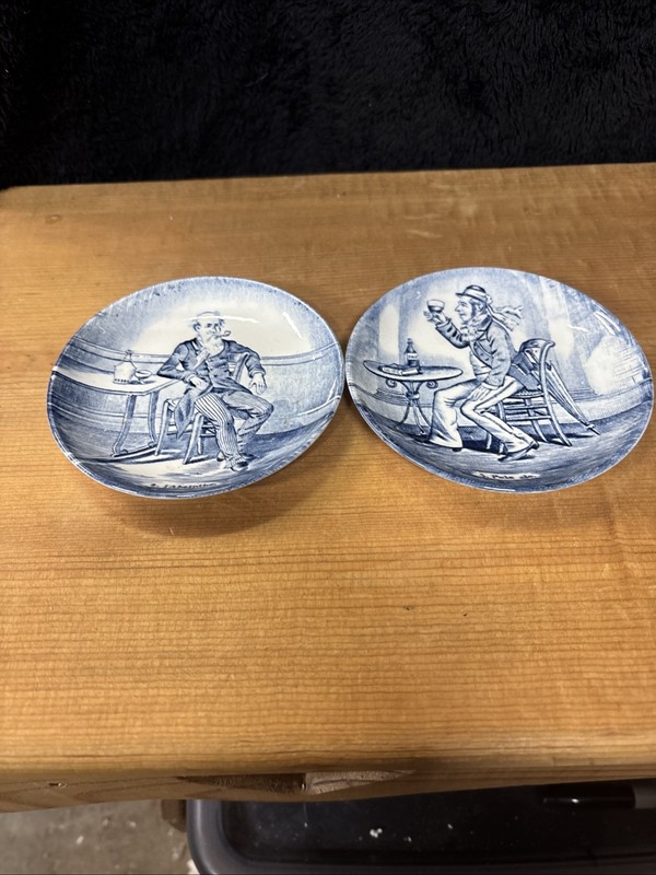 2- Boch Delfts Mini Tea Plates Dutch Tavern Scene Vintage Stamped Absinthe & Ale