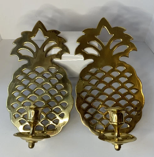 Brass Wall Sconce Candle Holder Colonial Pineapple Polished Pair Traditional Vtg